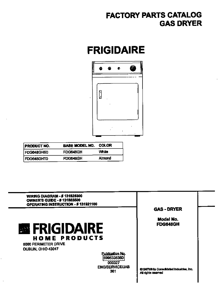 COVER Diagram and Parts List for FDG648GHT0  Frigidaire Dryer