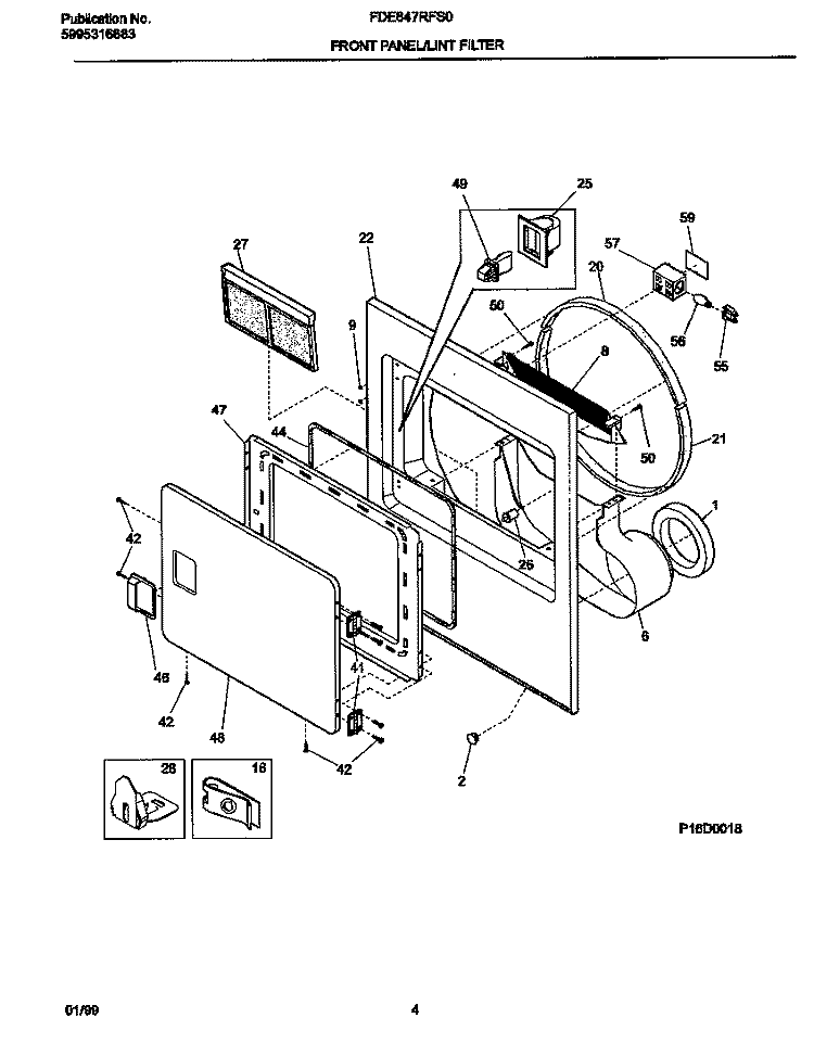 P16D0018 FRNT PNL, DOOR Diagram and Parts List for FDE647RFS0  Frigidaire Dryer