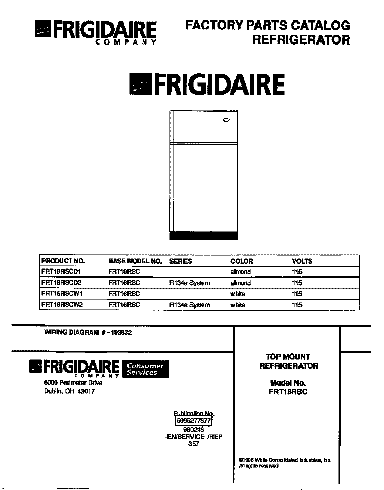 COVER Diagram and Parts List for FRT16RSCW2  Frigidaire Refrigerator