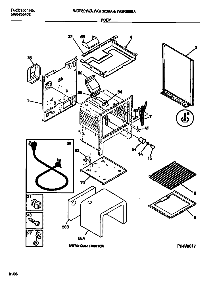 BODY Diagram and Parts List for WGF321WADA  Frigidaire Range