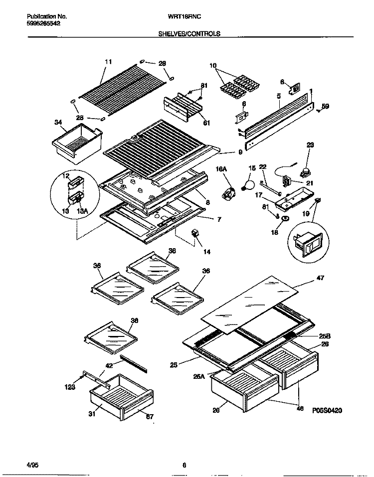 SHELVES / CONTROL Diagram and Parts List for WRT18RNCW0  Frigidaire Refrigerator