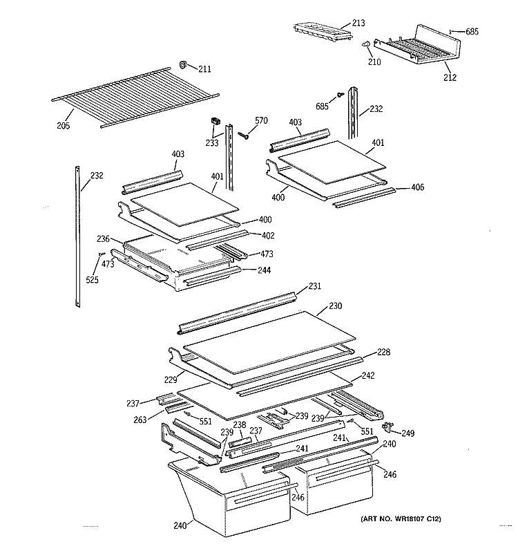 SHELF PARTS Diagram and Parts List for TBX21MAXFRAA  General Electric Refrigerator