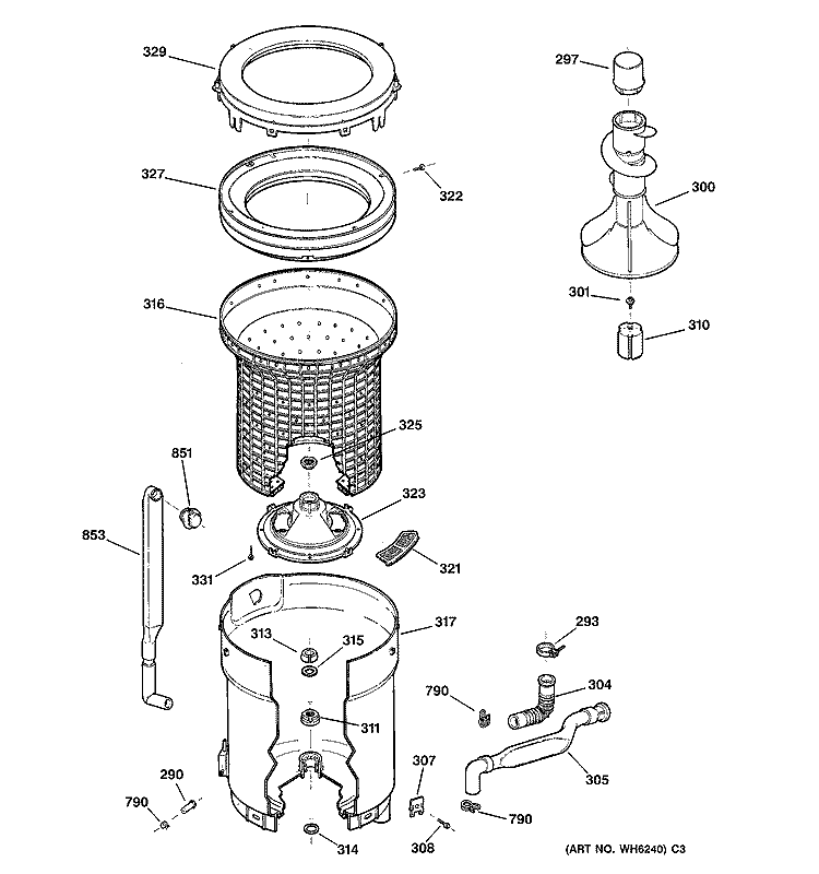 TUB, BASKET & AGITATOR Diagram and Parts List for WBSR1060T4WW  General Electric Washer