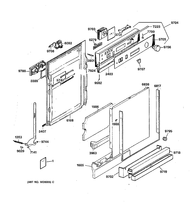 ESCUTCHEON & DOOR ASSEMBLY Diagram and Parts List for ZBD4600X  General Electric Dishwasher
