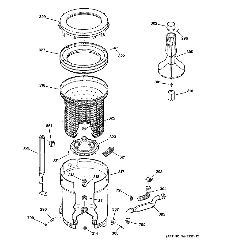TUB, BASKET & AGITATOR Diagram and Parts List for WCCB1030T4AC  General Electric Washer