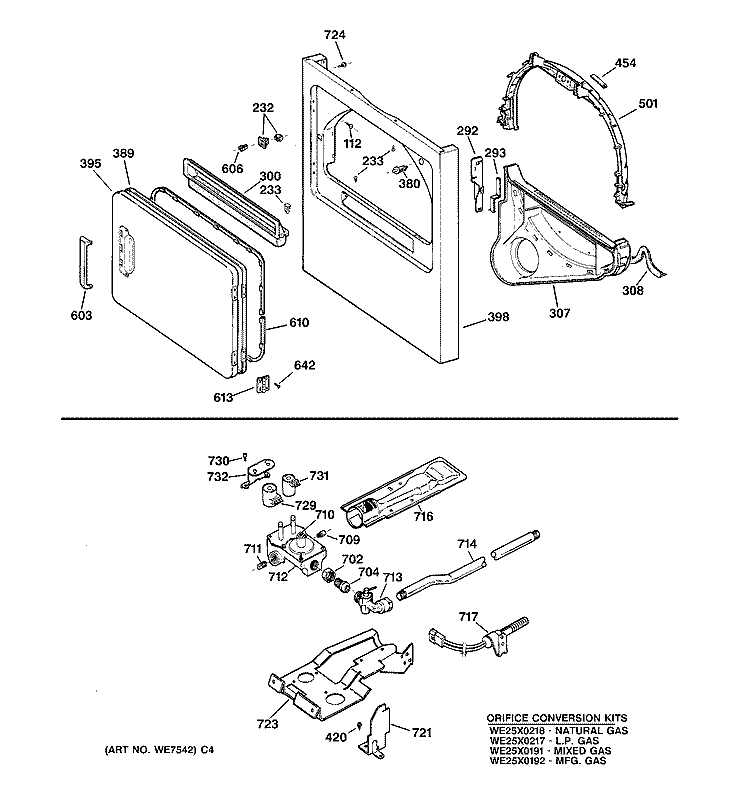 CABINET FRONT, GAS VALVE & BURNER ASM. Diagram and Parts List for DCCB330GT0WC  General Electric Dryer