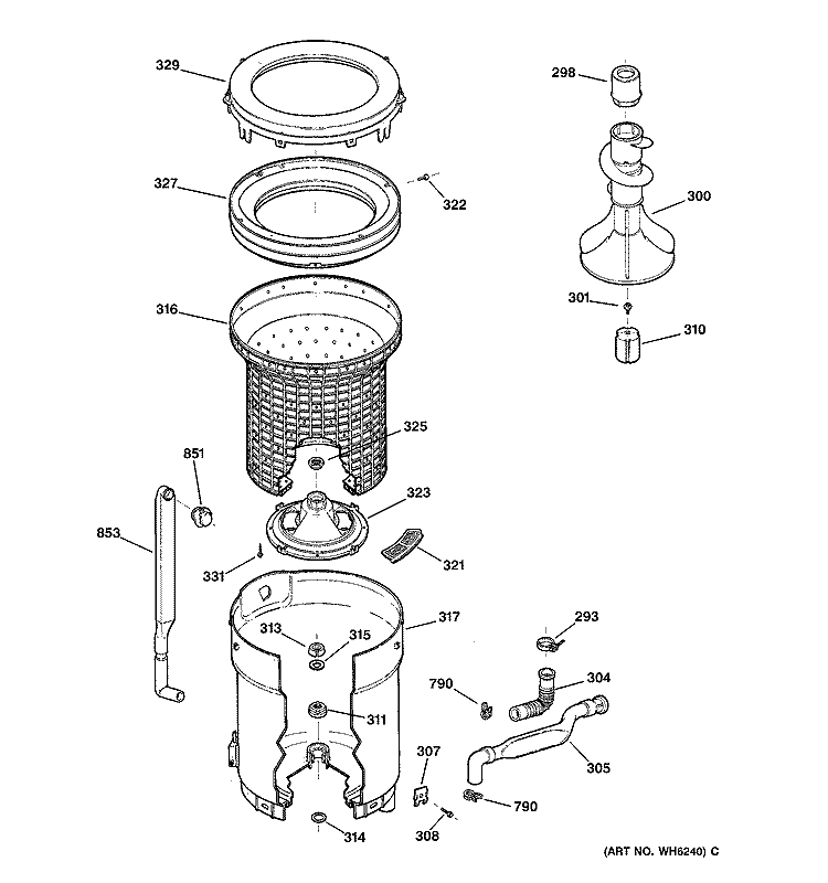 TUB, BASKET & AGITATOR Diagram and Parts List for WPXQ3090T5AA  General Electric Washer