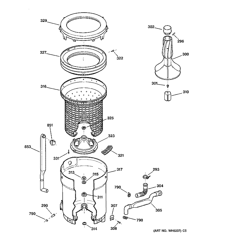 TUB, BASKET & AGITATOR Diagram and Parts List for WCCB2050T5AC  General Electric Washer