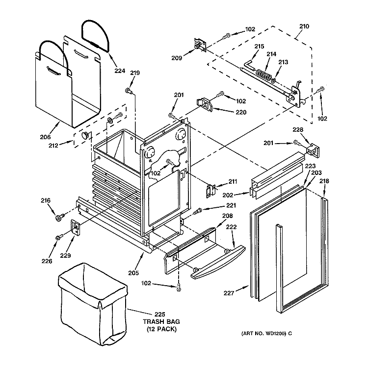 CONTAINER PARTS Diagram and Parts List for GCG1230S5WB  General Electric Trash Compactor