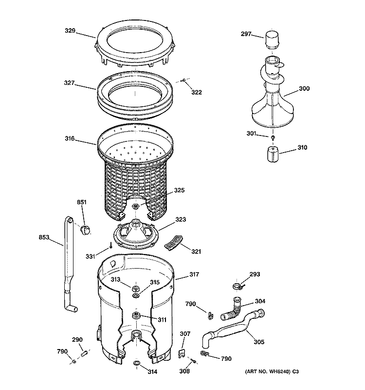 TUB, BASKET & AGITATOR Diagram and Parts List for WBSR1060T5AA  General Electric Washer