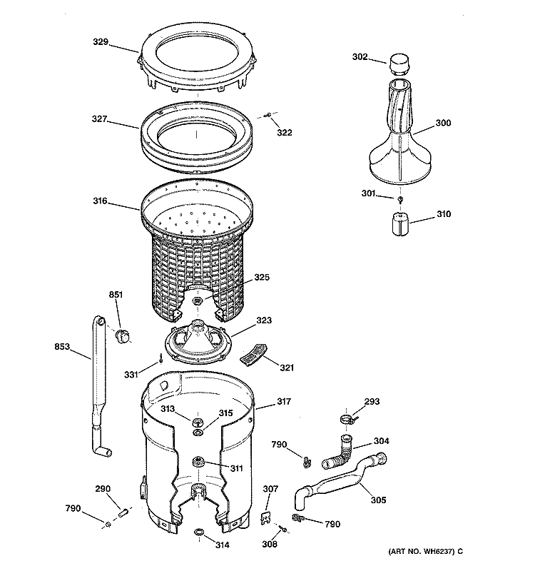TUB, BASKET & AGITATOR Diagram and Parts List for WBXR1060T5AA  General Electric Washer