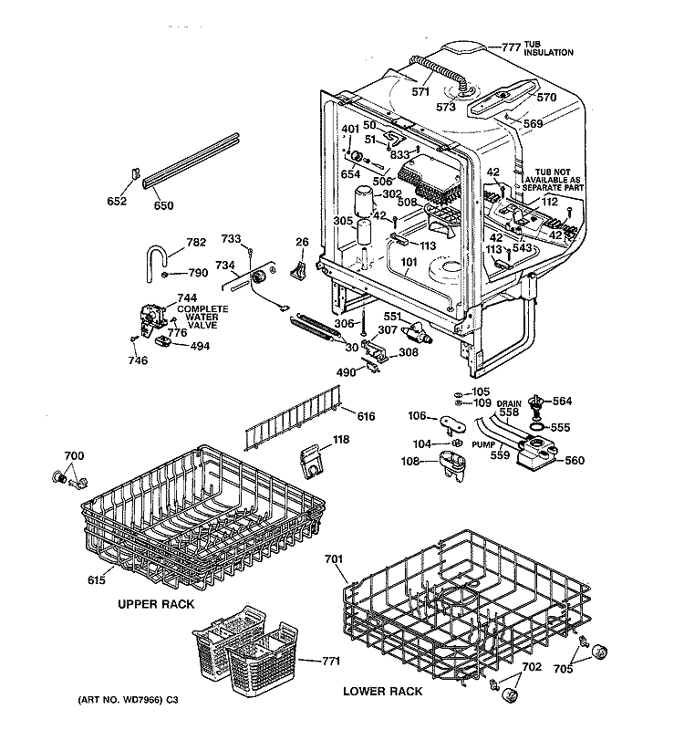 BODY PARTS Diagram and Parts List for GSC1200T03AD  General Electric Dishwasher