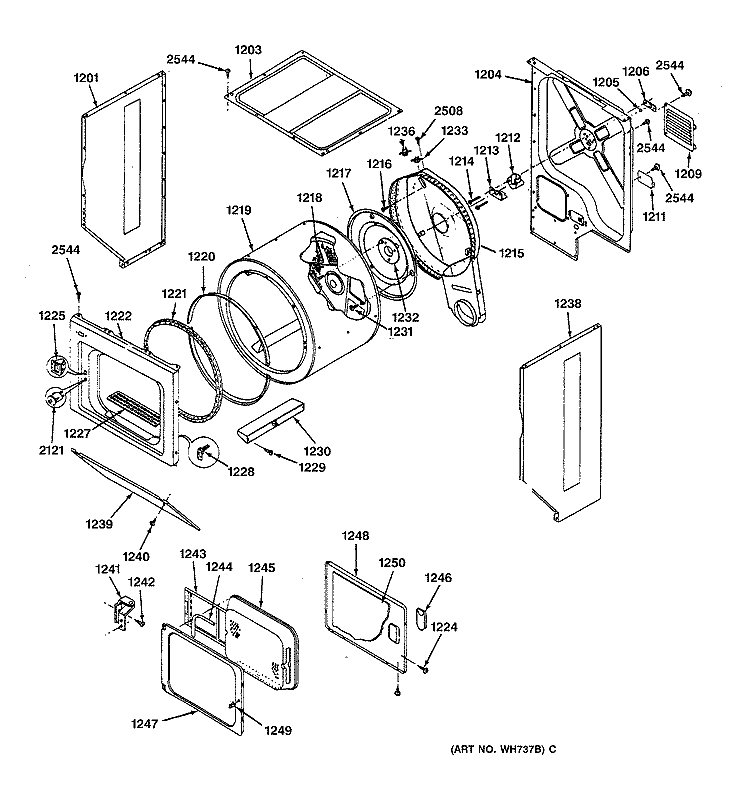 DRYER - CABINET, DRUM & HEATER Diagram and Parts List for WSM2780TAW  General Electric Washer Dryer Combo