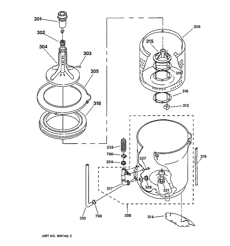 AGITATOR, BASKET & TUB PARTS Diagram and Parts List for WSKP2060TA  General Electric Washer