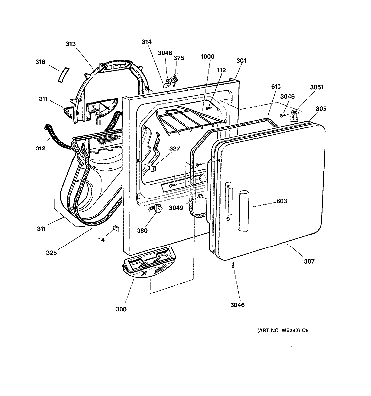 FRONT PANEL & DOOR Diagram and Parts List for DPSQ475ET2WW  General Electric Dryer
