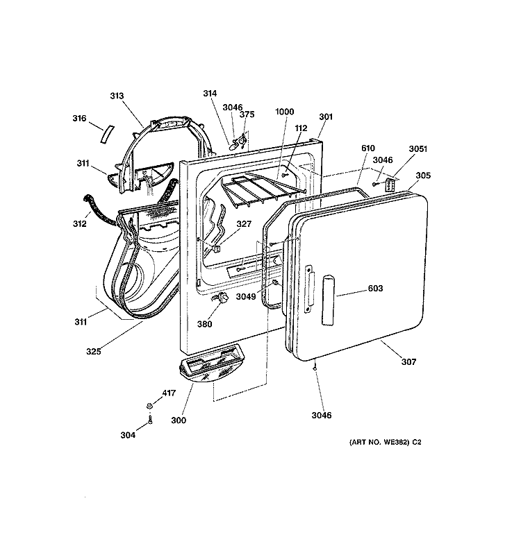 FRONT PANEL & DOOR Diagram and Parts List for DDSR475GT2WW  General Electric Dryer