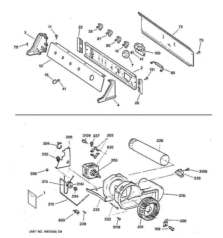 BACKSPLASH, BLOWER & DRIVE ASSEMBLY Diagram and Parts List for DJSR473ET2AA  General Electric Dryer