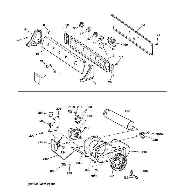 BACKSPLASH, BLOWER & DRIVE ASSEMBLY Diagram and Parts List for DWXR473GT2WW  General Electric Dryer