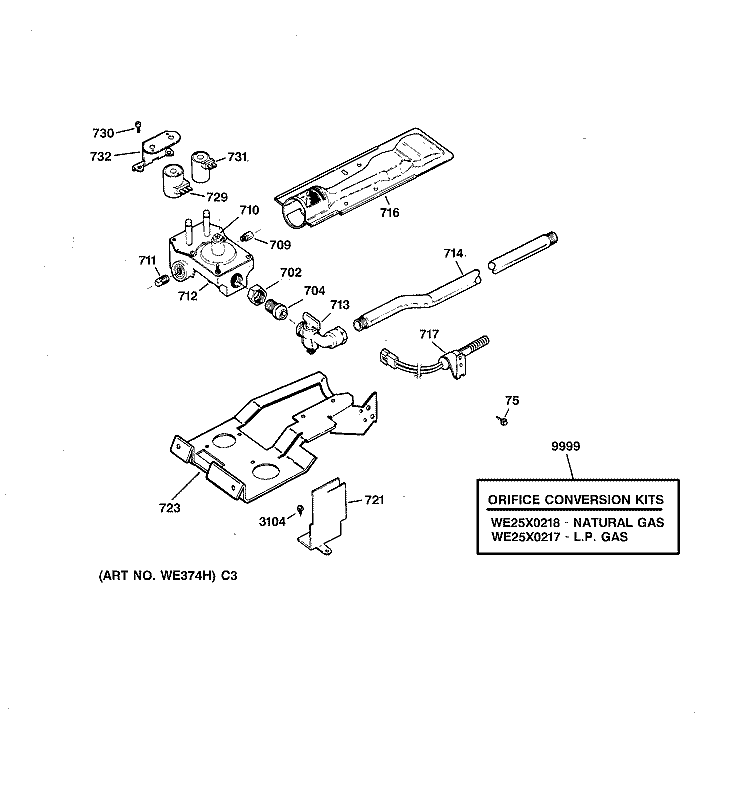 GAS VALVE & BURNER ASSEMBLY Diagram and Parts List for DWXR473GT2WW  General Electric Dryer