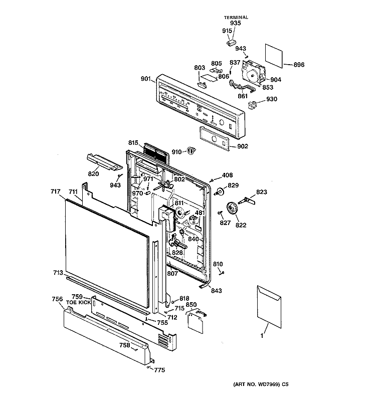 ESCUTCHEON & DOOR ASSEMBLY Diagram and Parts List for GSD500X-66WB  General Electric Dishwasher