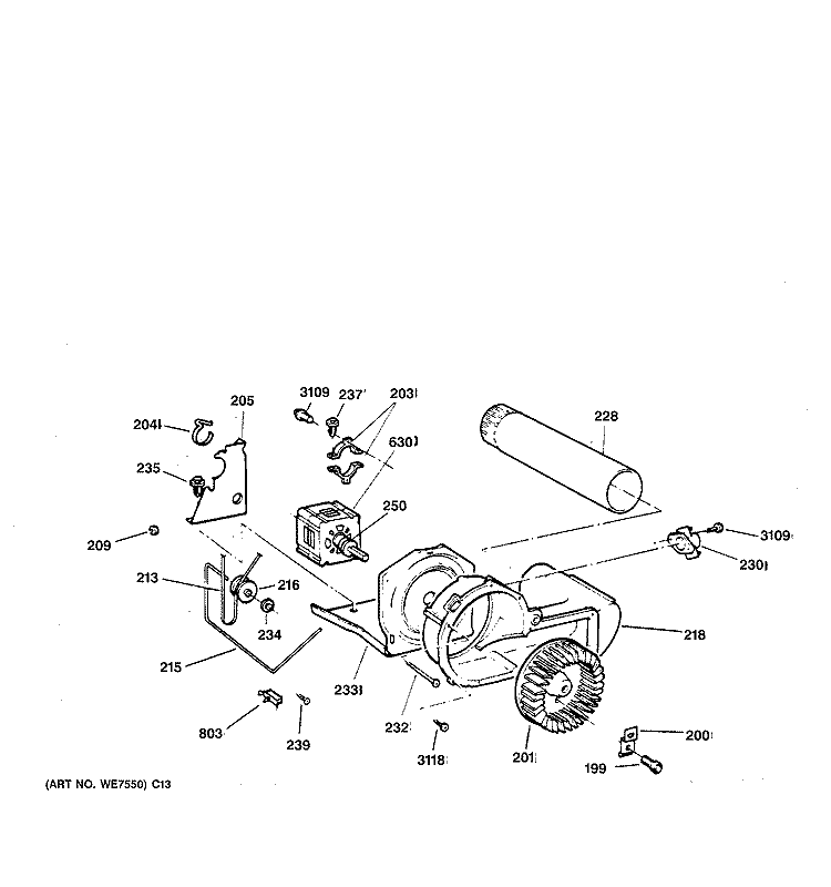 BLOWER & DRIVE ASSEMBLY Diagram and Parts List for DBXR453ET2AA  General Electric Dryer