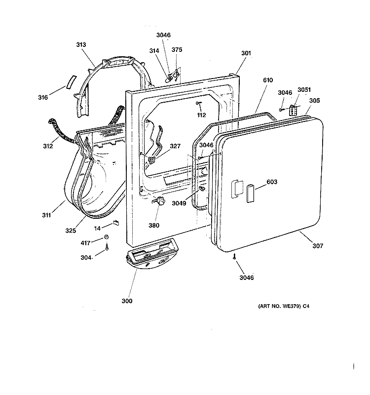 FRONT PANEL & DOOR Diagram and Parts List for DBXR453GT2WW  General Electric Dryer