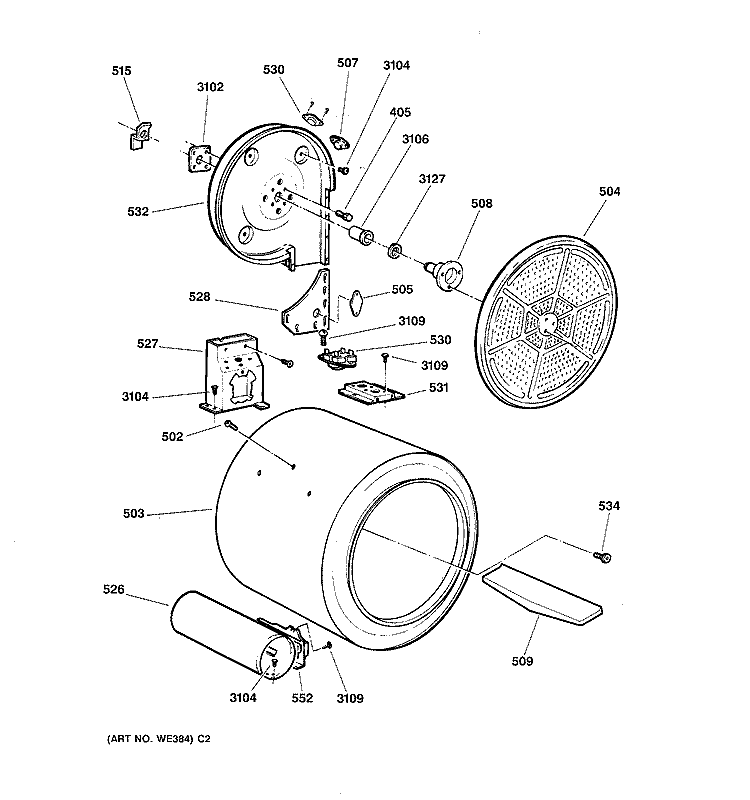 DRUM Diagram and Parts List for DBXR453GT2WW  General Electric Dryer