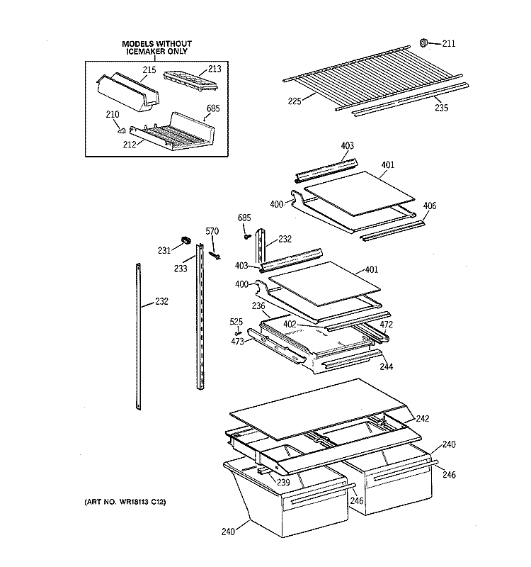 SHELF PARTS Diagram and Parts List for TBK18JAXERWW  General Electric Refrigerator