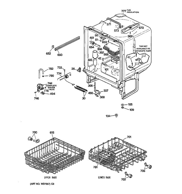 BODY PARTS Diagram and Parts List for GSC720Y02WH  General Electric Dishwasher
