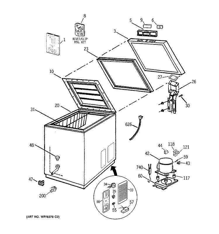 Section Diagram and Parts List for FHJ7DXAWH  General Electric Freezer