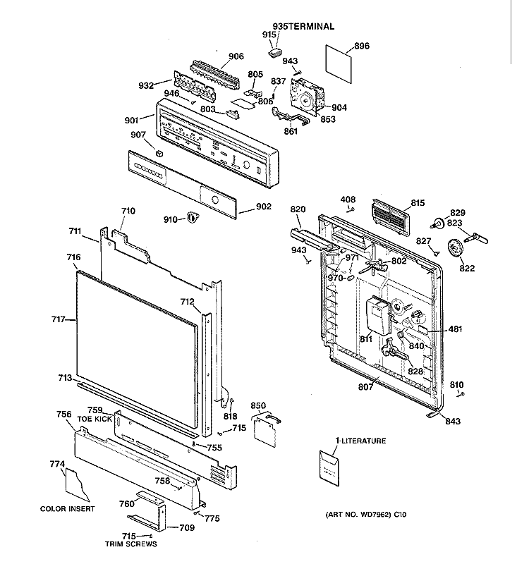ESCUTCHEON & DOOR ASSEMBLY Diagram and Parts List for GSD850Y-71  General Electric Dishwasher