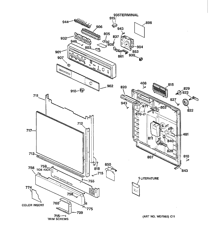 ESCUTCHEON & DOOR ASSEMBLY Diagram and Parts List for GSD800X-71BA  General Electric Dishwasher