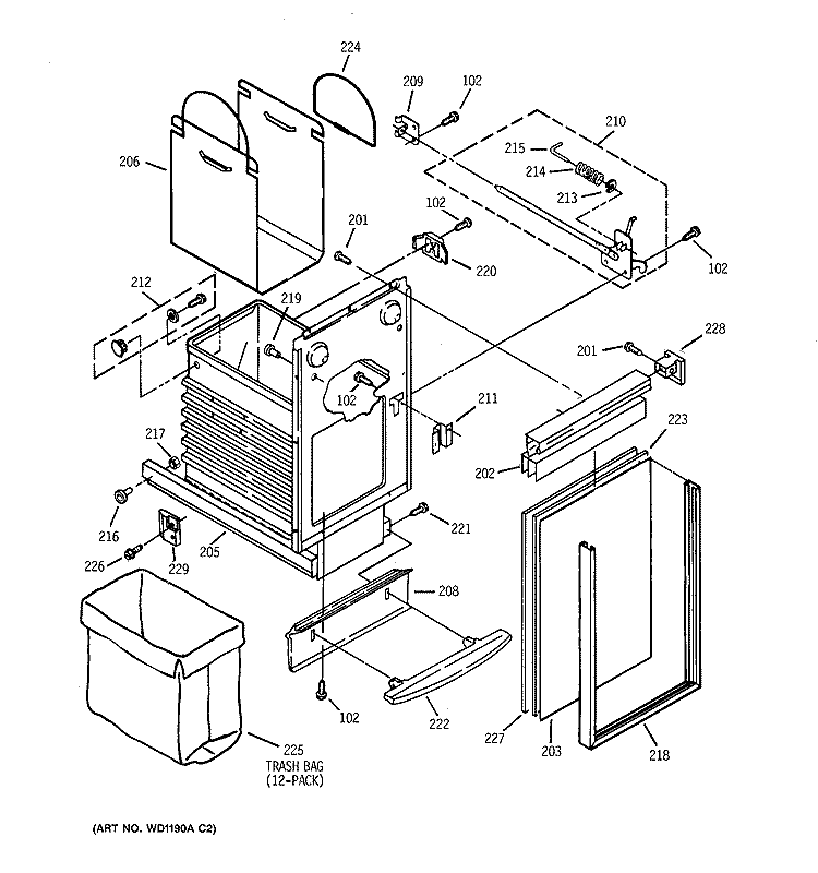 CONTAINER Diagram and Parts List for GCG1200S4BW  General Electric Trash Compactor