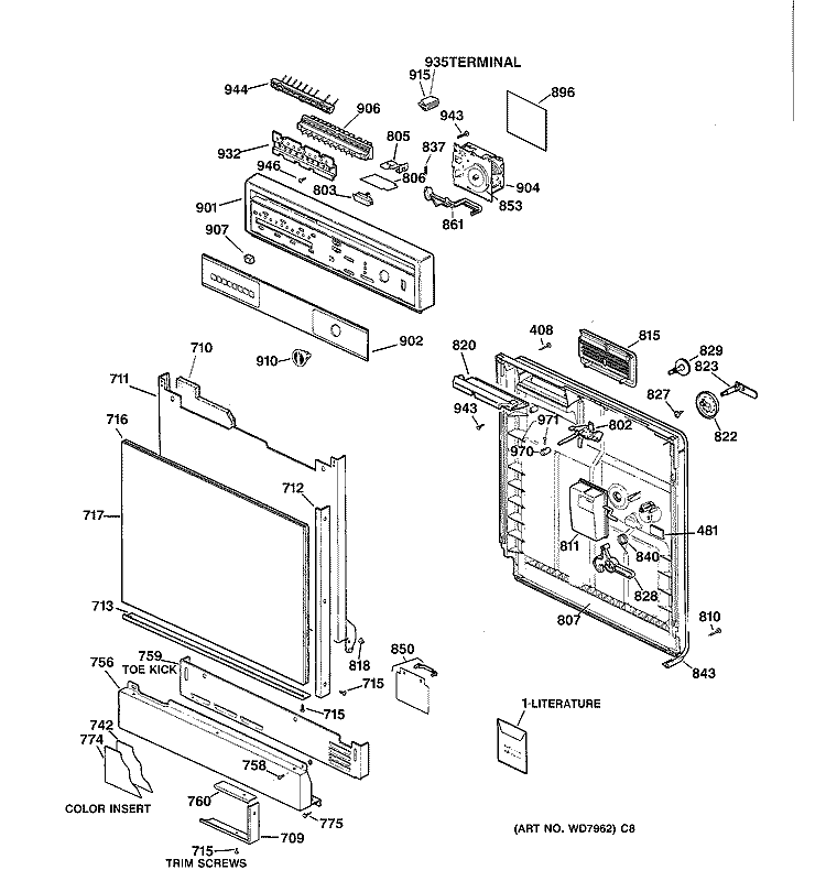 ESCUTCHEON & DOOR ASSEMBLY Diagram and Parts List for GSD1150X70  General Electric Dishwasher