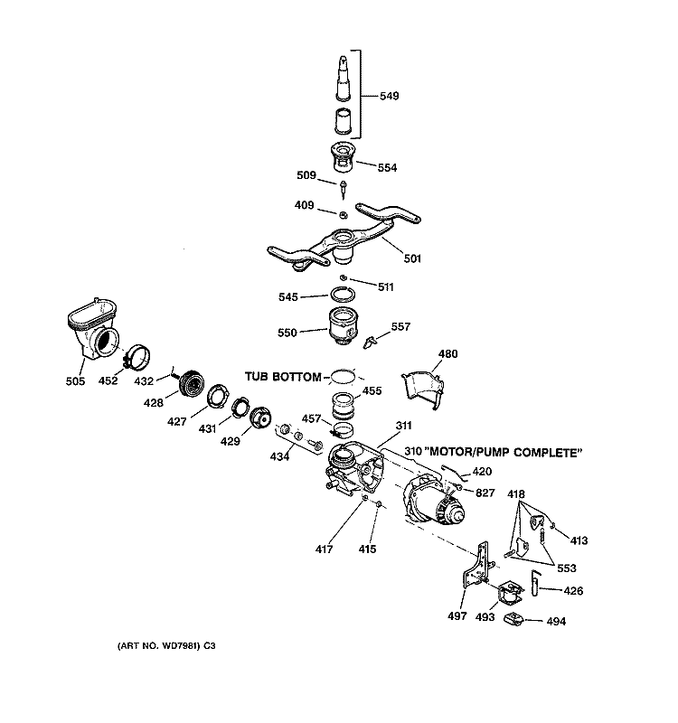 MOTOR - PUMP MECHANISM Diagram and Parts List for GSD1150X70  General Electric Dishwasher