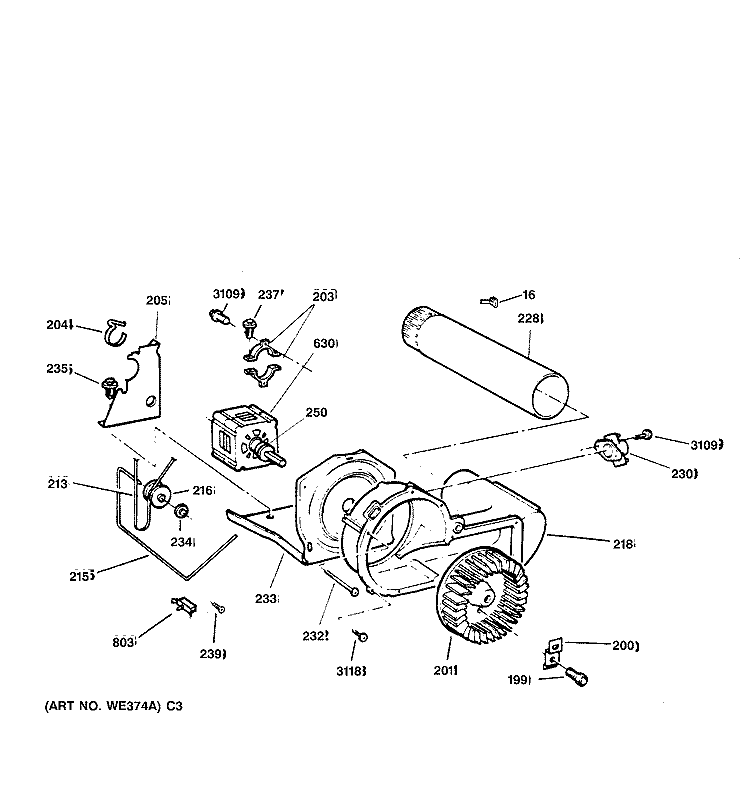BLOWER & DRIVE ASSEMBLY Diagram and Parts List for DDC4400SHM  General Electric Dryer