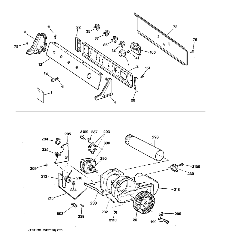 BACKSPLASH, BLOWER & DRIVE ASSEMBLY Diagram and Parts List for DWXR473GTZWW  General Electric Dryer