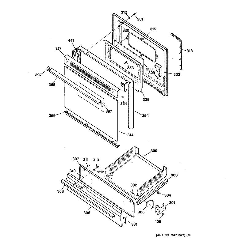 DOOR & DRAWER PARTS Diagram and Parts List for JGBC20BEW1AD  General Electric Range