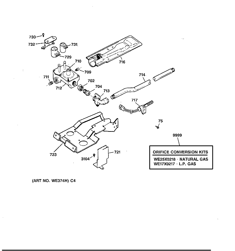 GAS VALVE & BURNER ASSEMBLY Diagram and Parts List for DBXR453GT3WW  General Electric Dryer