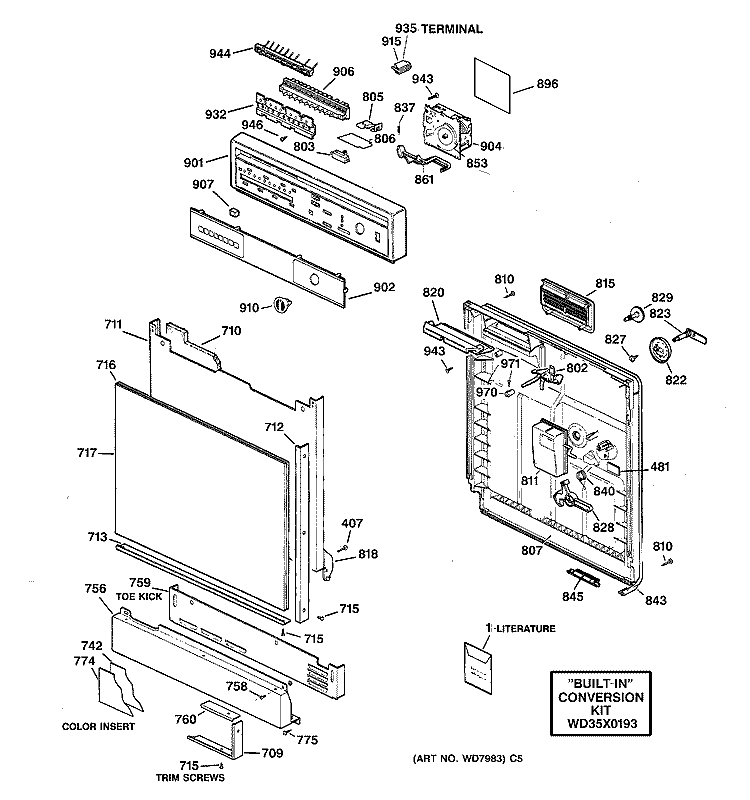 ESCUTCHEON & DOOR ASSEMBLY Diagram and Parts List for GSC1200X05  General Electric Dishwasher