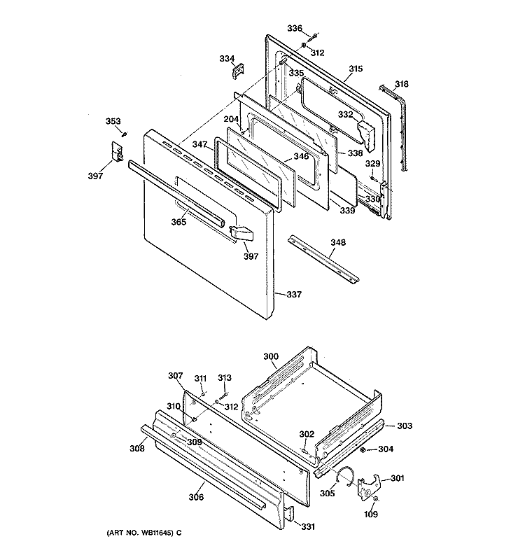DOOR & DRAWER PARTS Diagram and Parts List for JGBS07PEW1WW  General Electric Range