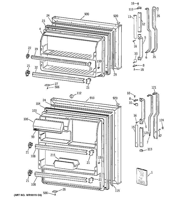 DOORS Diagram and Parts List for TBH14DAXPRAD  General Electric Refrigerator