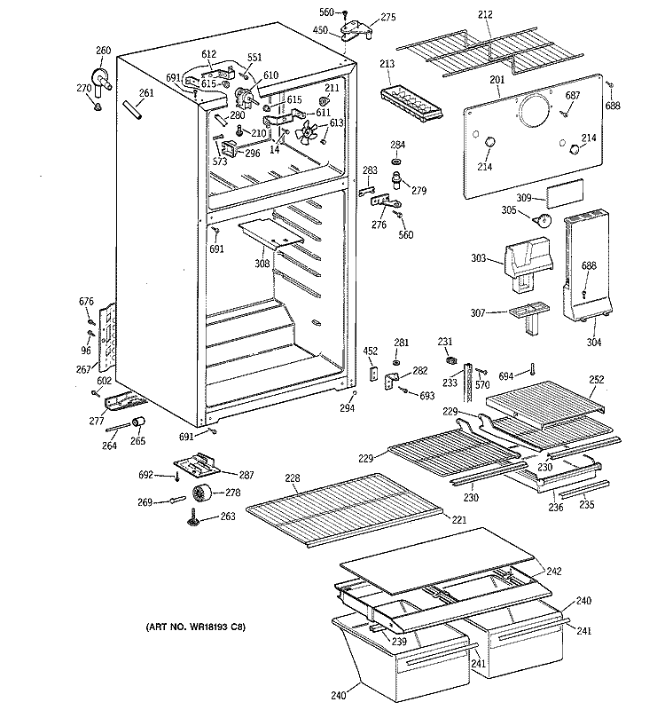 CABINET Diagram and Parts List for TBH14DAXPRAD  General Electric Refrigerator