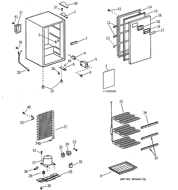 Section Diagram and Parts List for FP5DXARWH  General Electric Freezer