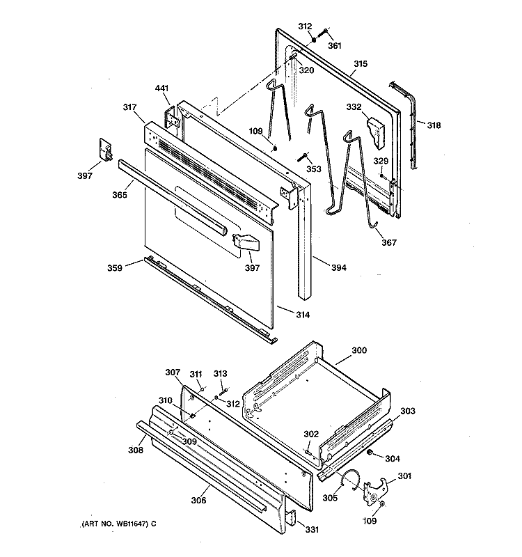 DOOR & DRAWER PARTS Diagram and Parts List for JGBS04BPW1AD  General Electric Range