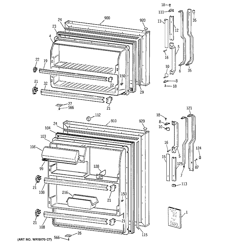 DOORS Diagram and Parts List for TBJ14JAXLRWH  General Electric Refrigerator