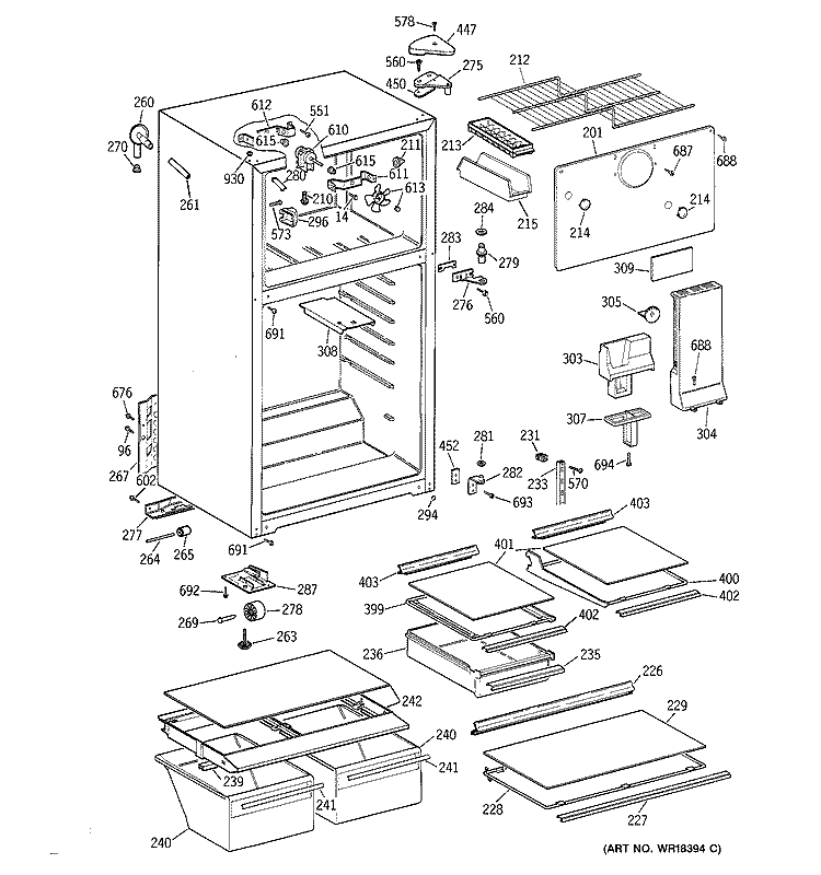 CABINET Diagram and Parts List for TBJ14JAXLRWH  General Electric Refrigerator