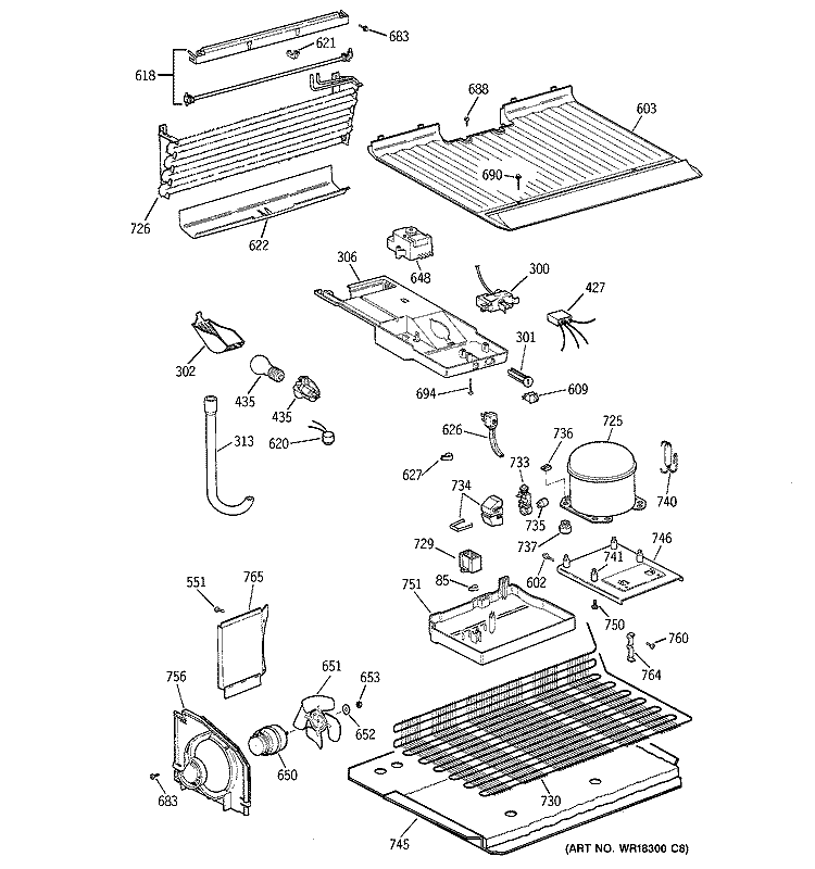 UNIT PARTS Diagram and Parts List for TBJ14JAXLRWH  General Electric Refrigerator