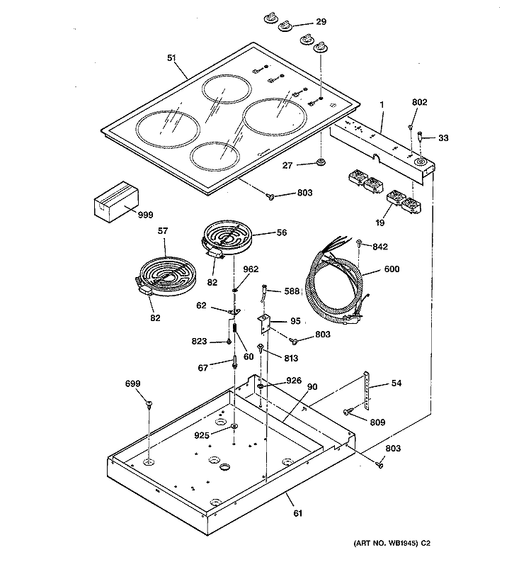 Section Diagram and Parts List for PR530WV2WW  General Electric Cooktop