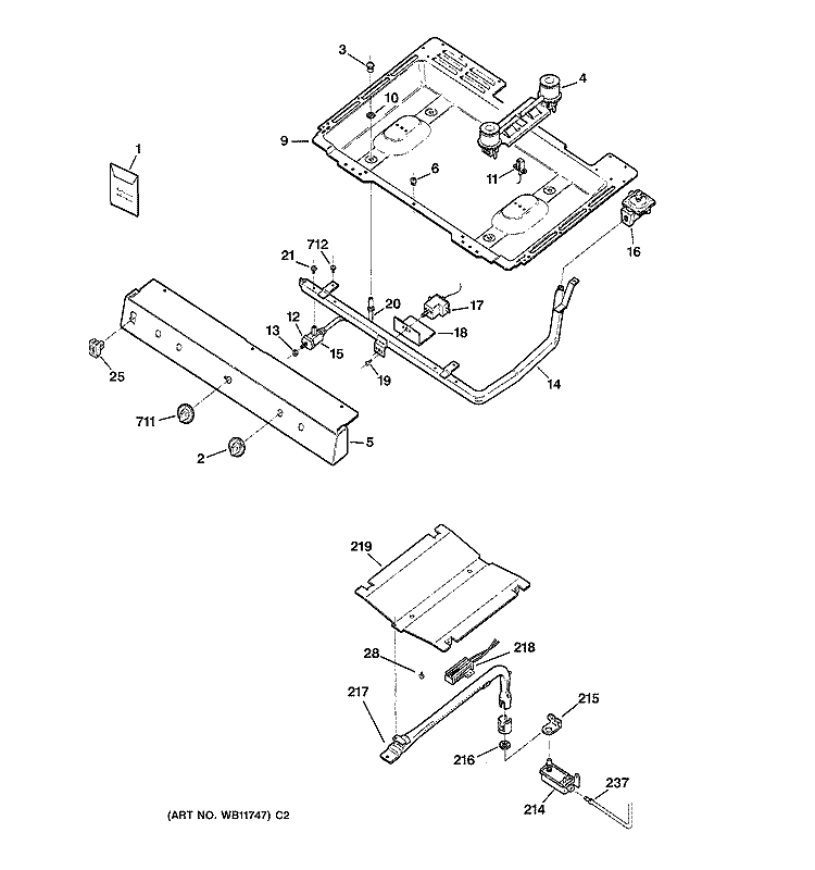 GAS & BURNER PARTS Diagram and Parts List for JGSS05BEW2BB  General Electric Range